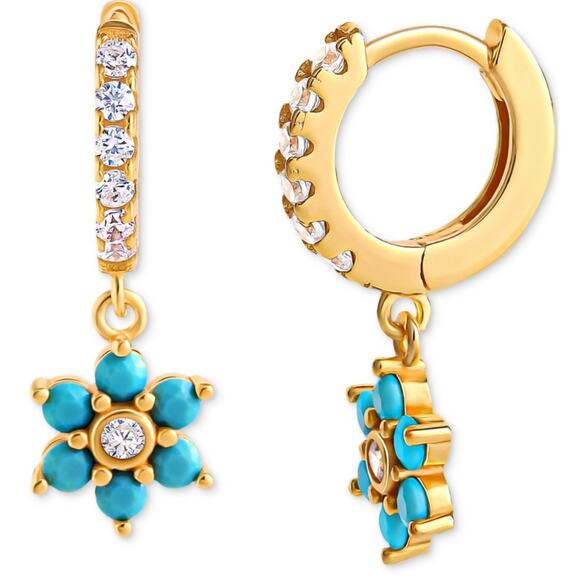 Gold Vermeil Flower Drop Earrings CZ Style Chic Elegant Floral Fashion Mini NWT - Picture 1 of 8